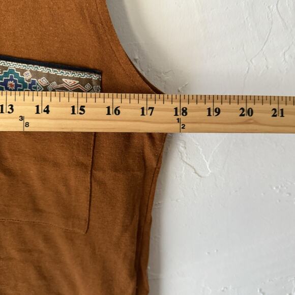 Judy Knapp Shirt 70s Vintage Brown Mock Neck Sleeveless Boho Pocket Aztec Trim - Picture 4 of 6